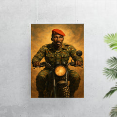 Thomas Sankara on motorcycle with red beret poster 7
