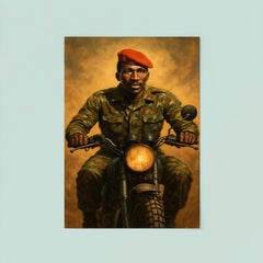 Thomas Sankara on motorcycle with red beret poster 8
