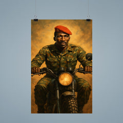 Thomas Sankara on motorcycle with red beret poster 9