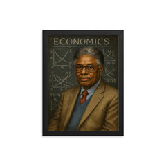 Thomas Sowell portrait with chalkboard economics framed print on a plain backdrop in size 12"x16".