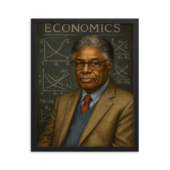 Thomas Sowell portrait with chalkboard economics framed print on a plain backdrop in size 16"x20".
