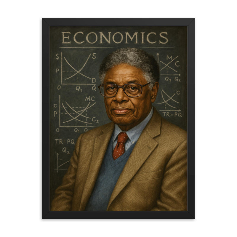 Thomas Sowell portrait with chalkboard economics framed print on a plain backdrop in size 18