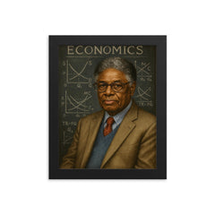 Thomas Sowell portrait with chalkboard economics framed print on a plain backdrop in size 8"x10".
