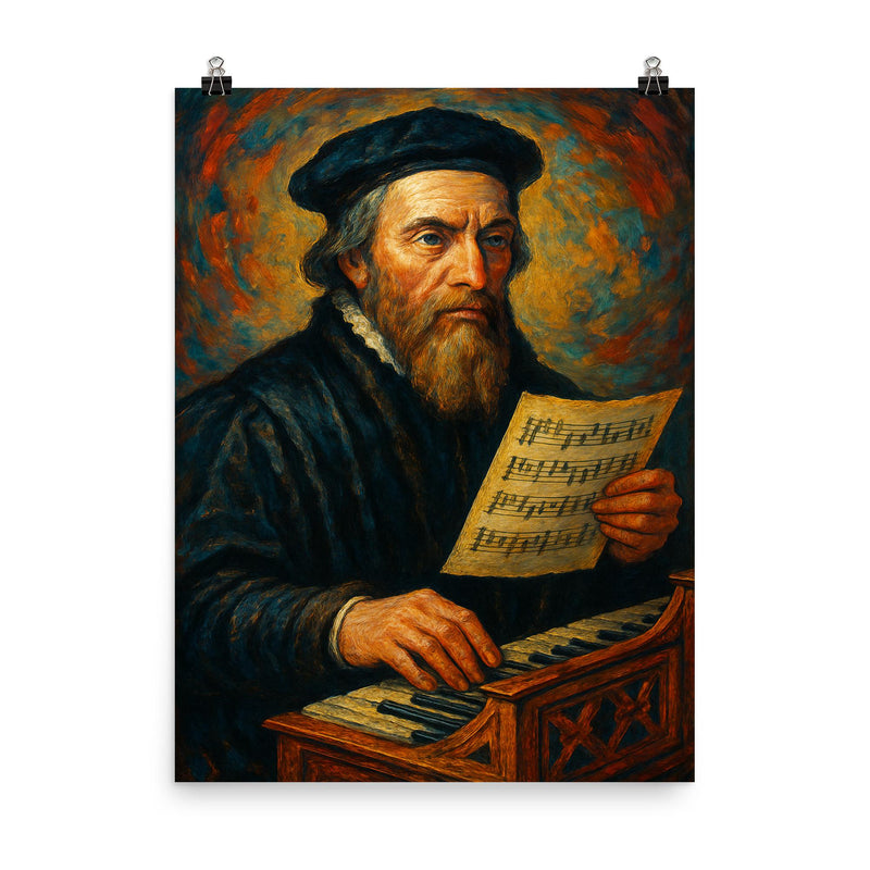 Thomas Tallis poster on a plain backdrop in size 8