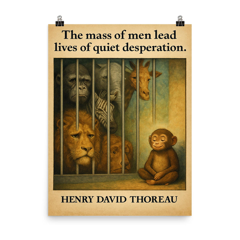 Thoreau quote mass of men quiet desperation zoo animals behind bars inspirational poster on a plain backdrop in size 8