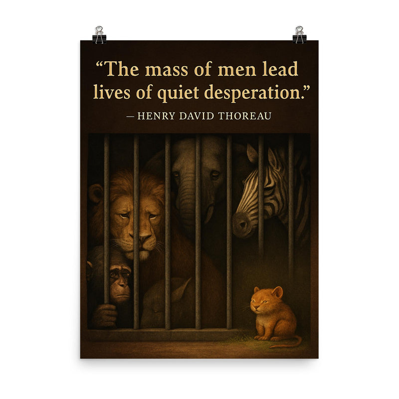 thoreau quote quiet desperation animals in zoo looking sad poster on a plain backdrop in size 8