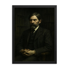 Thorstein Veblen in austere academic gloom framed print on a plain backdrop in size 18"x24".