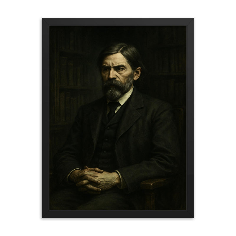 Thorstein Veblen in austere academic gloom framed print on a plain backdrop in size 18