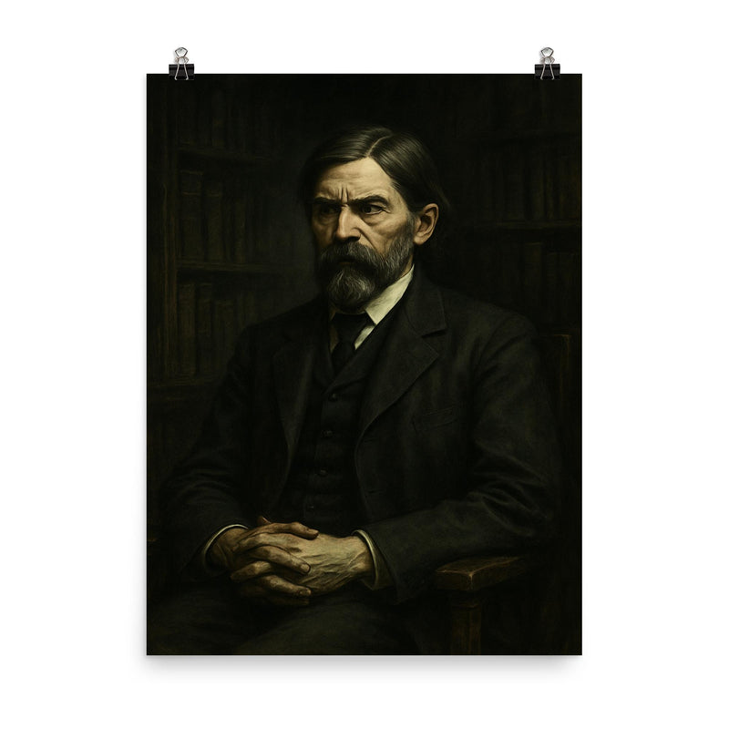 Thorstein Veblen in austere academic gloom poster on a plain backdrop in size 8