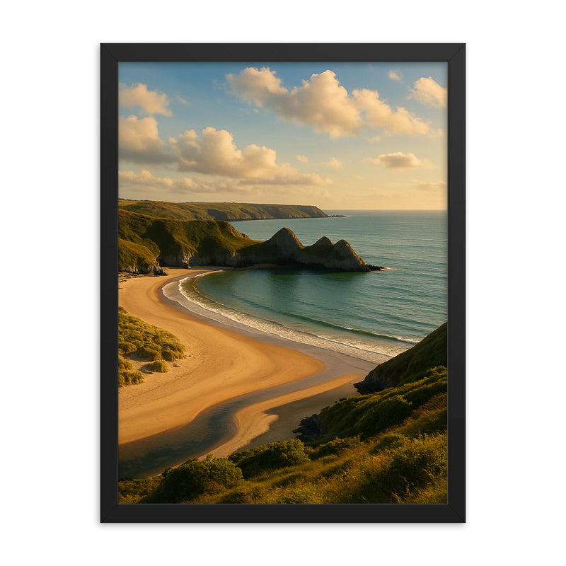 Three Cliffs Bay Gower Wales framed print on a plain backdrop in size 18