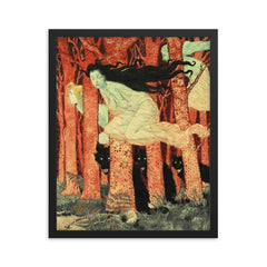 Three Witches and Three Wolves by Eugene Grasset, 1900 framed print on a plain backdrop in size 16"x20".