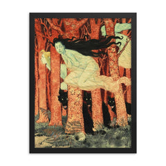 Three Witches and Three Wolves by Eugene Grasset, 1900 framed print on a plain backdrop in size 18"x24".