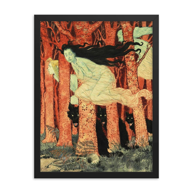 Three Witches and Three Wolves by Eugene Grasset, 1900 framed print on a plain backdrop in size 18
