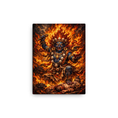 Tibetan wrathful deity amid blazing ritual fire canvas print on a plain backdrop in size 12"x16".