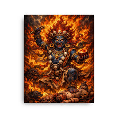 Tibetan wrathful deity amid blazing ritual fire canvas print on a plain backdrop in size 16"x20".