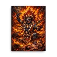 Tibetan wrathful deity amid blazing ritual fire canvas print on a plain backdrop in size 18"x24".