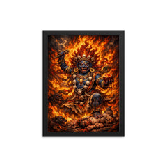 Tibetan wrathful deity amid blazing ritual fire framed print on a plain backdrop in size 12"x16".