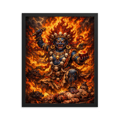 Tibetan wrathful deity amid blazing ritual fire framed print on a plain backdrop in size 16"x20".