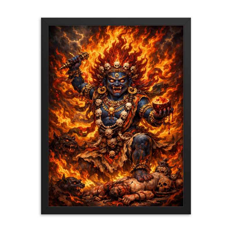Tibetan wrathful deity amid blazing ritual fire framed print on a plain backdrop in size 18