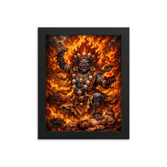 Tibetan wrathful deity amid blazing ritual fire framed print on a plain backdrop in size 8"x10".
