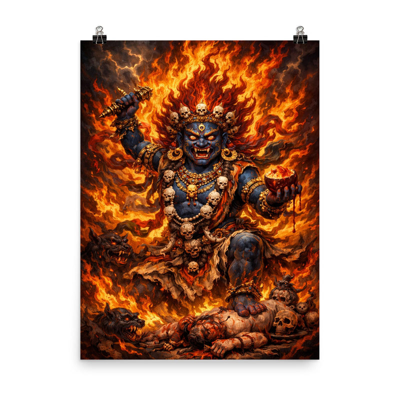 Tibetan wrathful deity amid blazing ritual fire poster on a plain backdrop in size 8