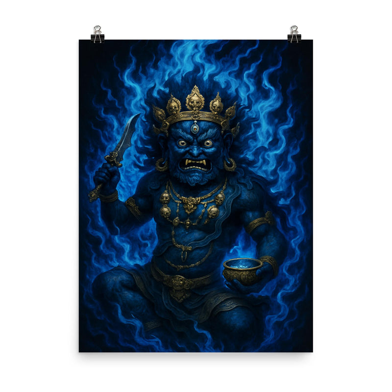 Tibetan wrathful deity Mahakala in blue fire poster on a plain backdrop in size 8