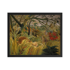 Tiger in a Tropical Storm (Surprised!) by Henri Rousseau framed print on a plain backdrop in size 16"x20".
