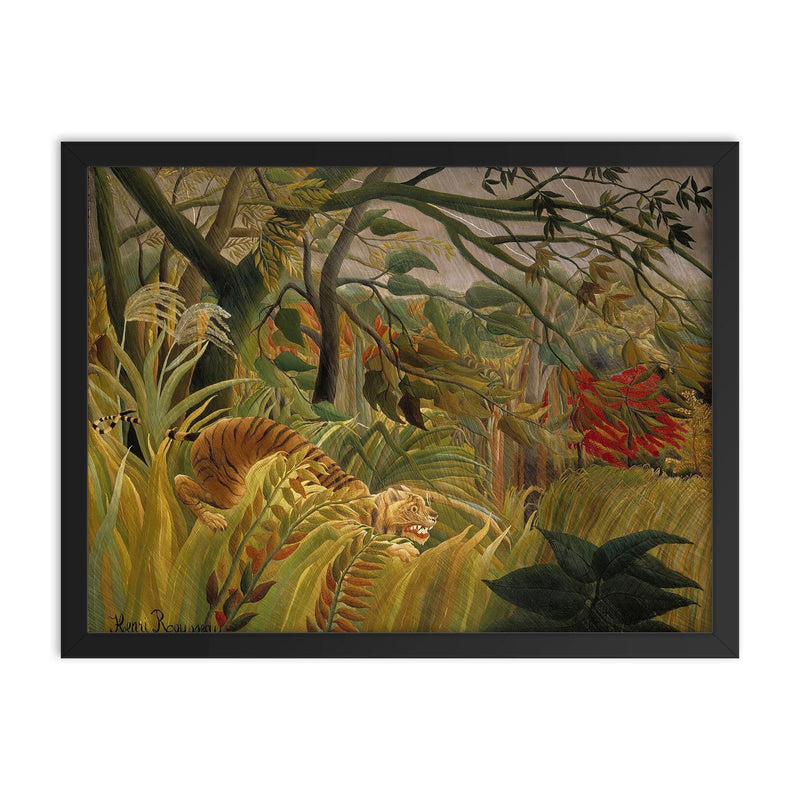 Tiger in a Tropical Storm (Surprised!) by Henri Rousseau framed print on a plain backdrop in size 18