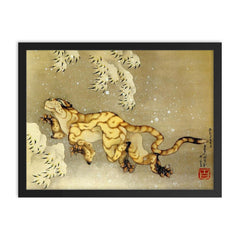 Tiger in the Snow by Katsushika Hokusai framed print on a plain backdrop in size 18"x24".