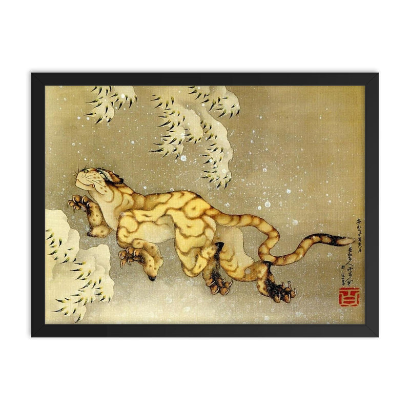 Tiger in the Snow by Katsushika Hokusai framed print on a plain backdrop in size 18