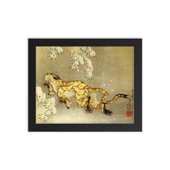 Tiger in the Snow by Katsushika Hokusai framed print on a plain backdrop in size 8"x10".