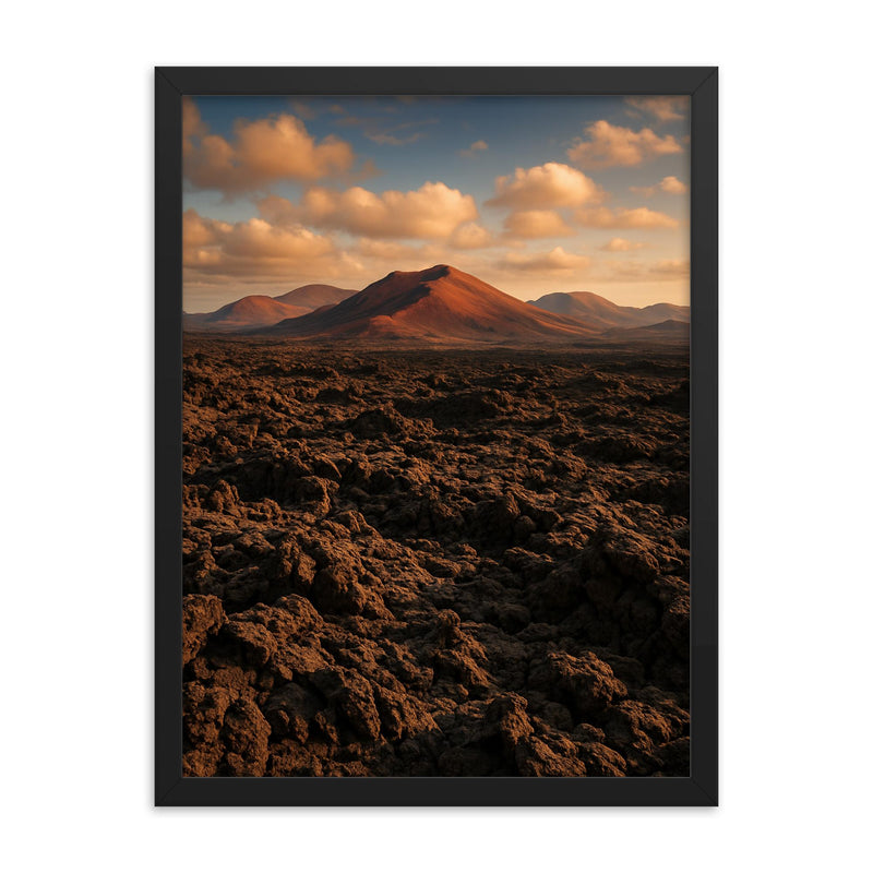 Timanfaya Lava Fields Lanzarote Spain framed print on a plain backdrop in size 18