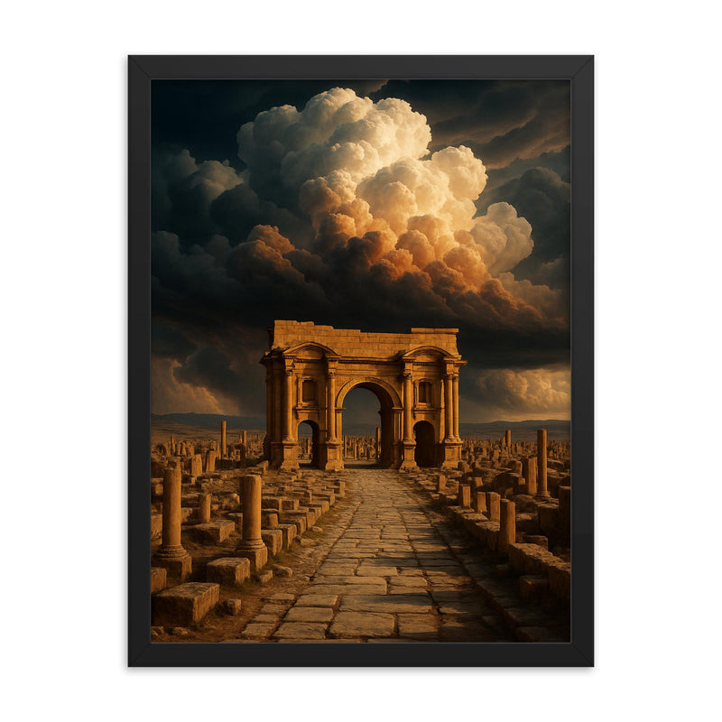 Timgad ruins under Saharan thunderclouds framed print on a plain backdrop in size 18