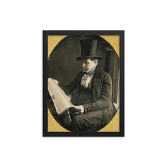 Tinted Portrait of Man Reading Newspaper, 1852 framed print on a plain backdrop in size 12"x16".