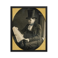 Tinted Portrait of Man Reading Newspaper, 1852 framed print on a plain backdrop in size 16"x20".