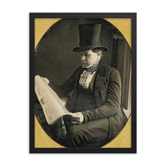 Tinted Portrait of Man Reading Newspaper, 1852 framed print on a plain backdrop in size 18"x24".