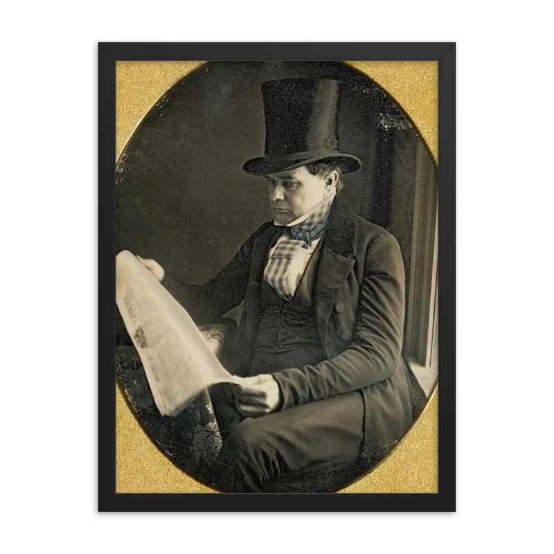 Tinted Portrait of Man Reading Newspaper, 1852 framed print on a plain backdrop in size 18