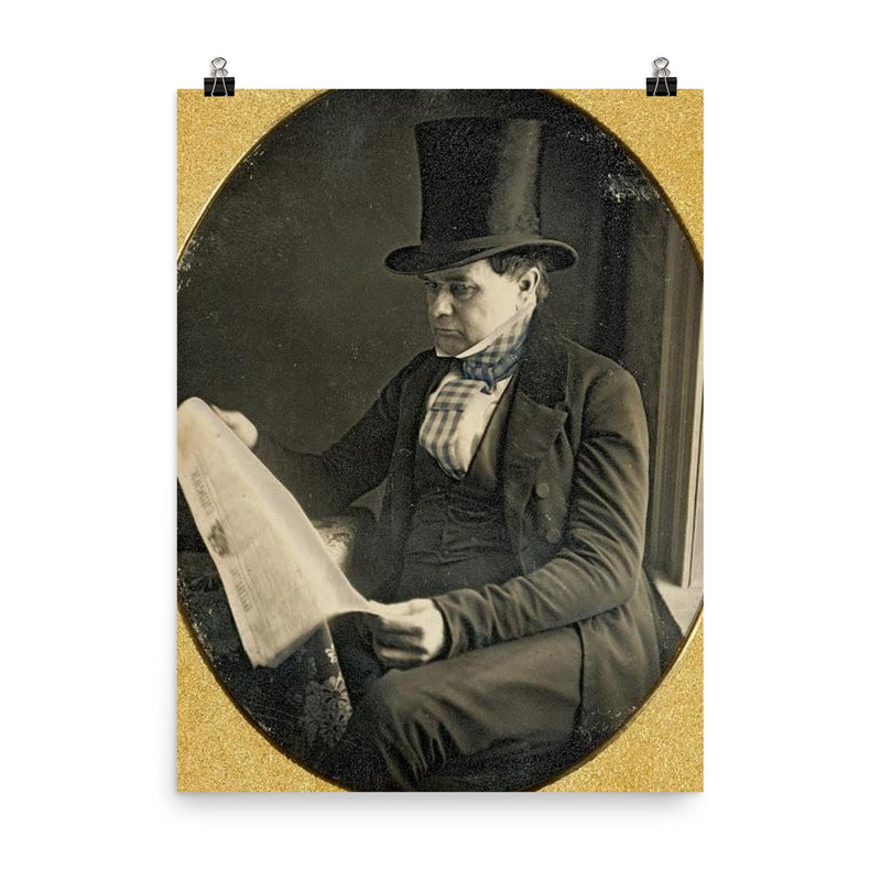 Tinted Portrait of Man Reading Newspaper, 1852 poster on a plain backdrop in size 8