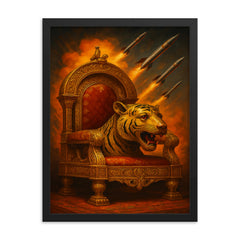 Tipu Sultan's tiger throne and rockets framed print on a plain backdrop in size 18"x24".