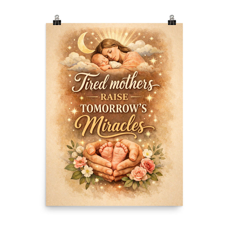 Tired mothers raise tomorrow's miracles poster on a plain backdrop in size 8