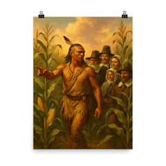 Tisquantum guiding pilgrims through maize fields poster on a plain backdrop in size 8"x10".