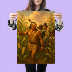 Tisquantum guiding pilgrims through maize fields poster 3
