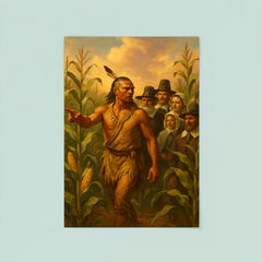 Tisquantum guiding pilgrims through maize fields poster 8