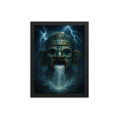 Tlaloc mask with thunderous rain cascade framed print on a plain backdrop in size 12"x16".