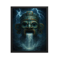 Tlaloc mask with thunderous rain cascade framed print on a plain backdrop in size 16"x20".