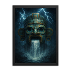 Tlaloc mask with thunderous rain cascade framed print on a plain backdrop in size 18"x24".
