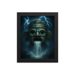 Tlaloc mask with thunderous rain cascade framed print on a plain backdrop in size 8"x10".