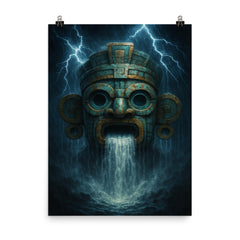 Tlaloc mask with thunderous rain cascade poster on a plain backdrop in size 8"x10".