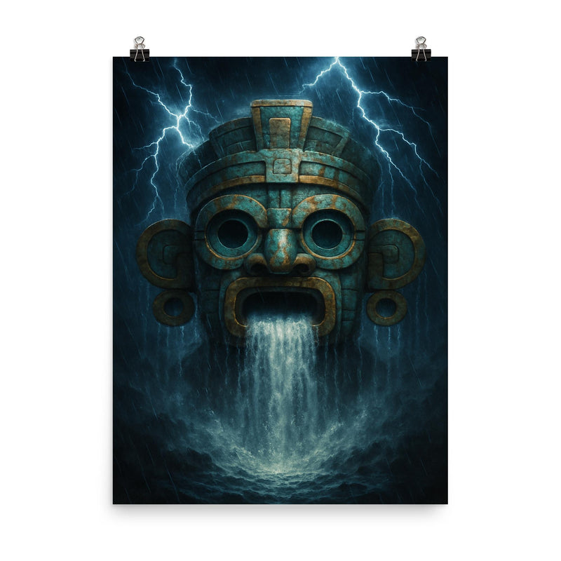 Tlaloc mask with thunderous rain cascade poster on a plain backdrop in size 8