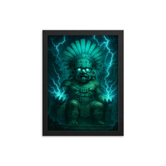 Tlaloc rain god in electric turquoise temple storm framed print on a plain backdrop in size 12"x16".